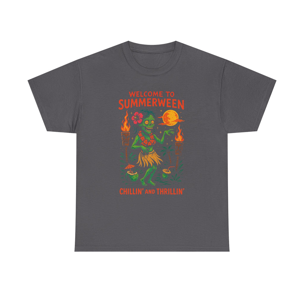 Summerween Chillin’ and Thrillin’ T-Shirt – Funny Zombie Luau Shirt with Custom Option | Fun Halloween Shirt, Party Apparel, Summer Vibes, Unique Gift