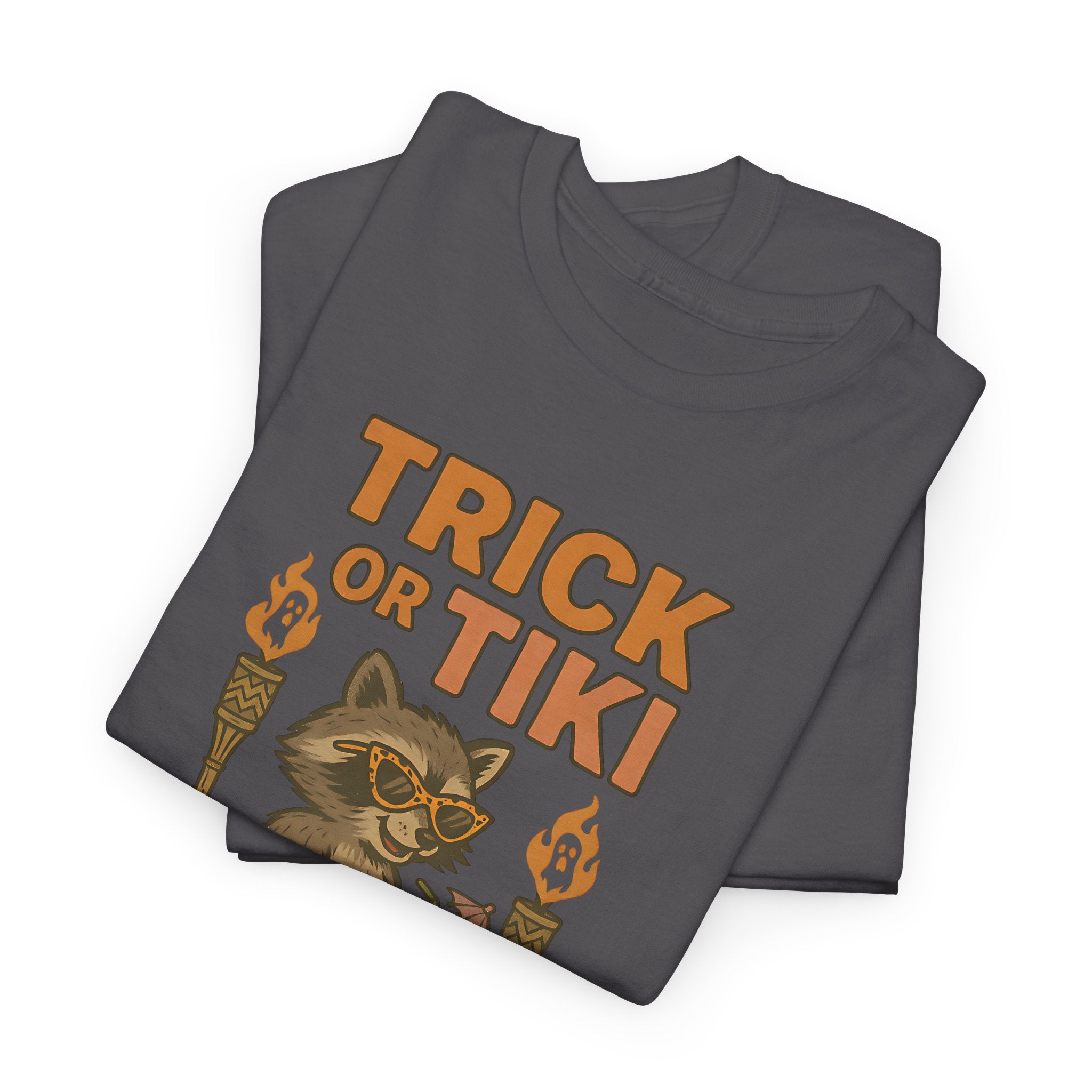 Funny Halloween Tiki Shirt – “Trick or Tiki” Raccoon Costume Tee for Spooky Luau Lovers