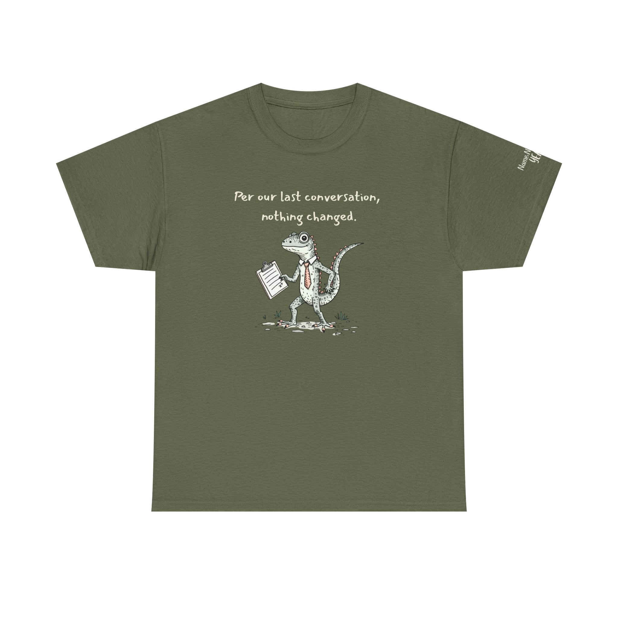 Funny Office Lizard Shirt – “Per Our Last Conversation, Nothing Changed” Work Sarcasm Tee