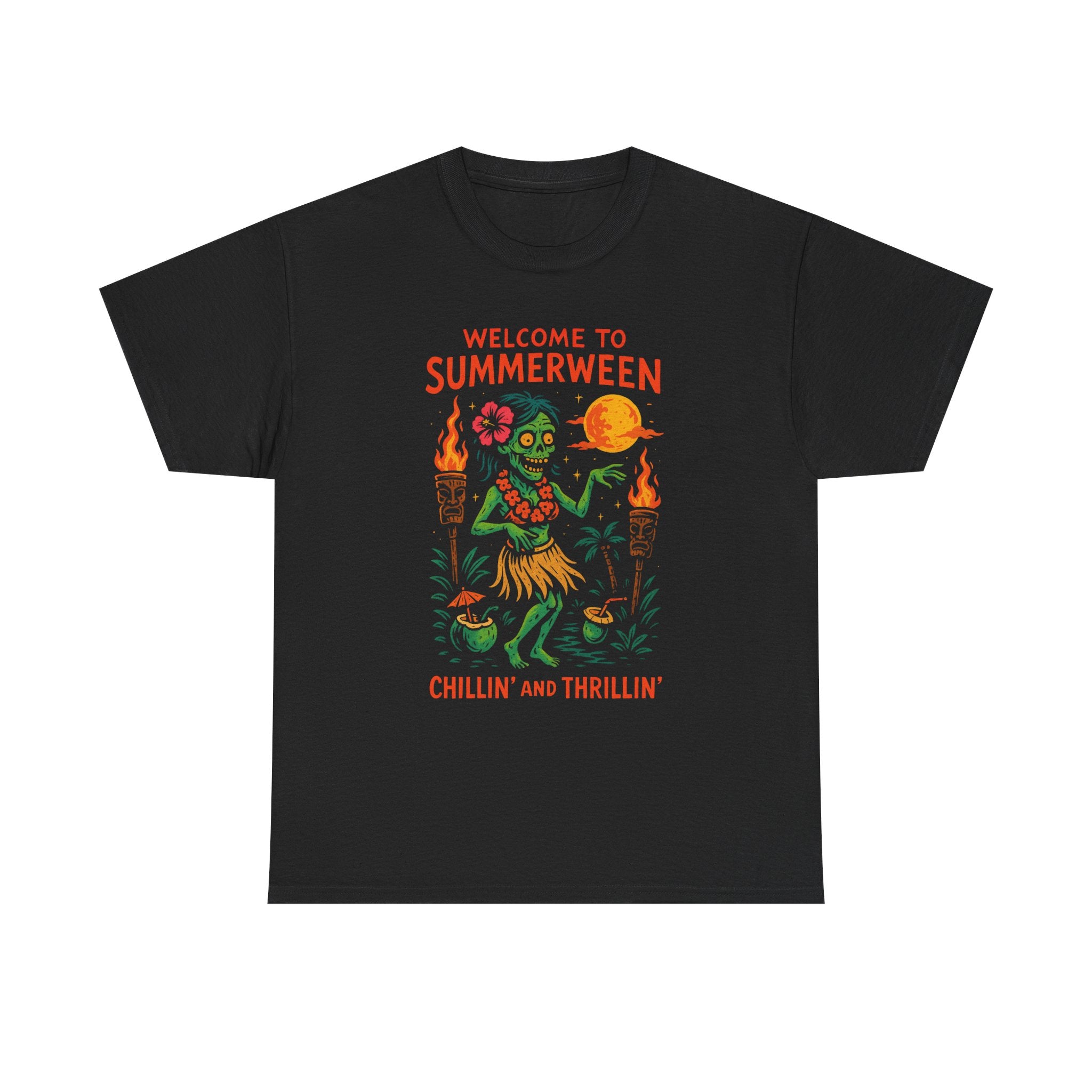 Summerween Chillin’ and Thrillin’ T-Shirt – Funny Zombie Luau Shirt with Custom Option | Fun Halloween Shirt, Party Apparel, Summer Vibes, Unique Gift