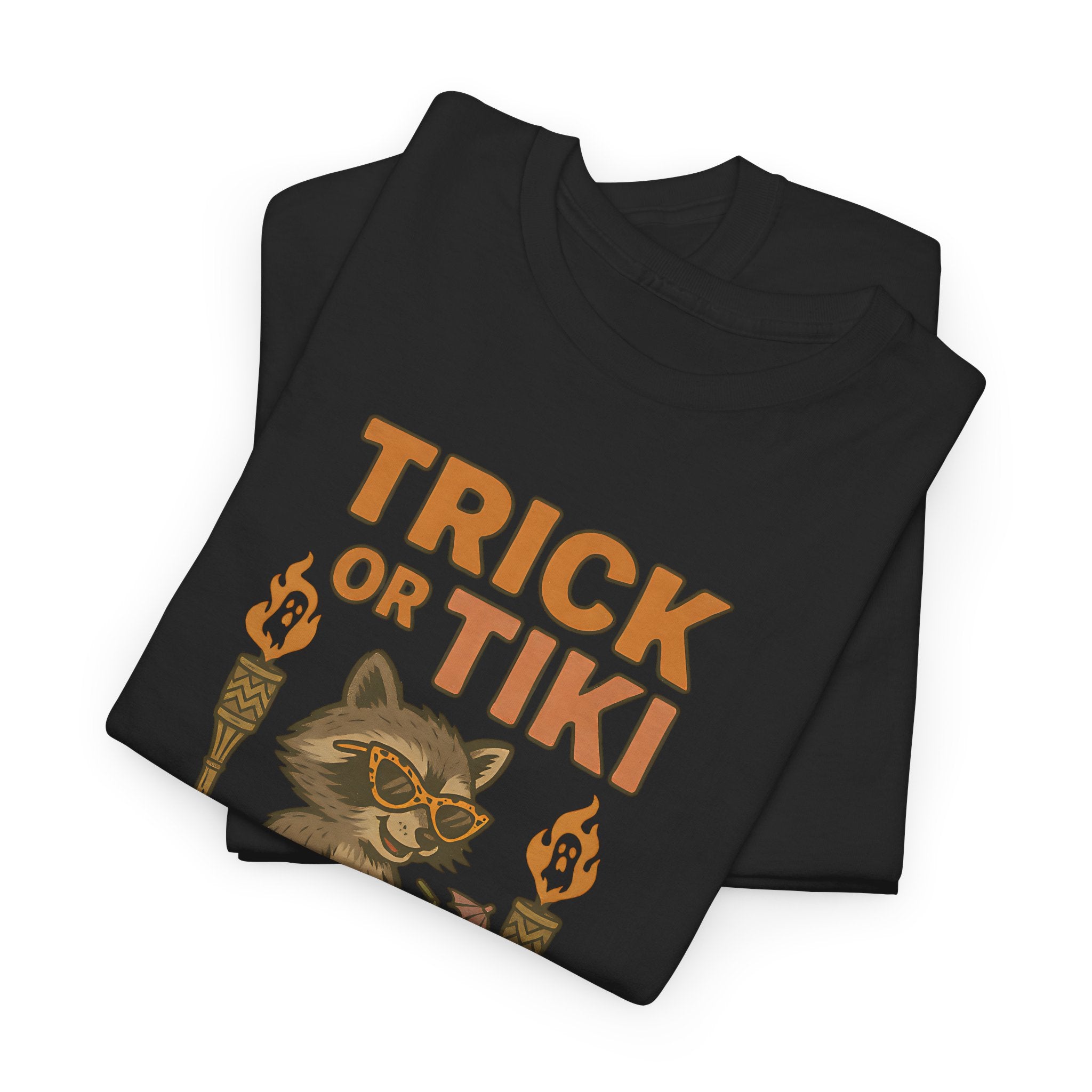 Funny Halloween Tiki Shirt – “Trick or Tiki” Raccoon Costume Tee for Spooky Luau Lovers