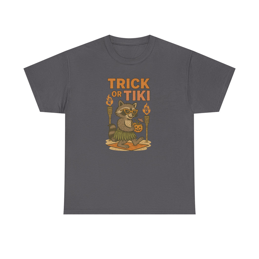 Funny Halloween Tiki Shirt – “Trick or Tiki” Raccoon Costume Tee for Spooky Luau Lovers