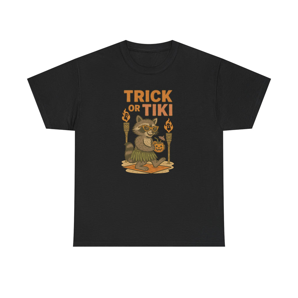 Funny Halloween Tiki Shirt – “Trick or Tiki” Raccoon Costume Tee for Spooky Luau Lovers