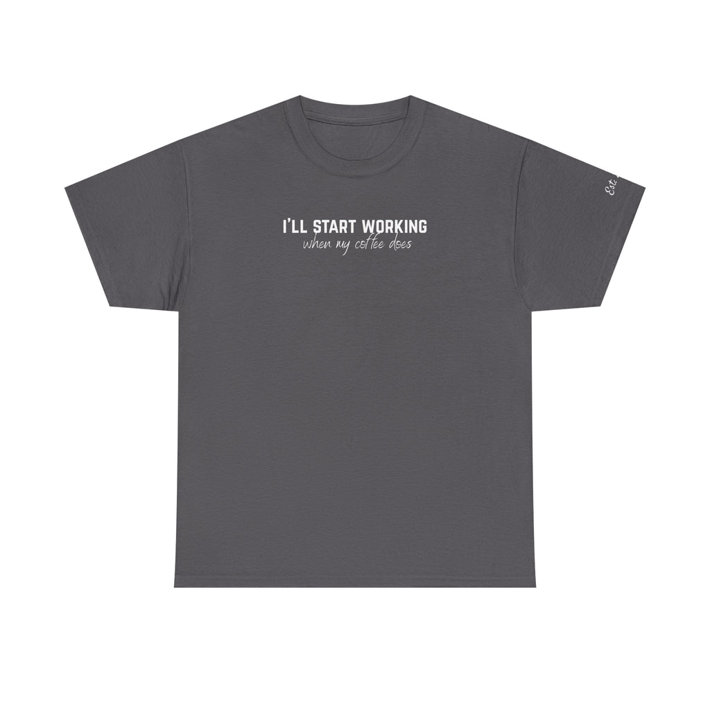 Funny Coffee Work Shirt for Women & Men | Custom Left Sleeve Year | Office T-Shirt Gift Idea