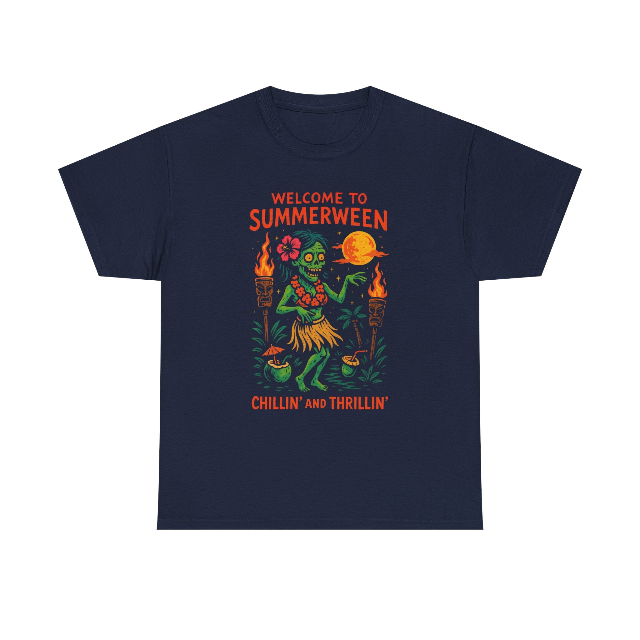 Summerween Chillin’ and Thrillin’ T-Shirt – Funny Zombie Luau Shirt with Custom Option | Fun Halloween Shirt, Party Apparel, Summer Vibes, Unique Gift