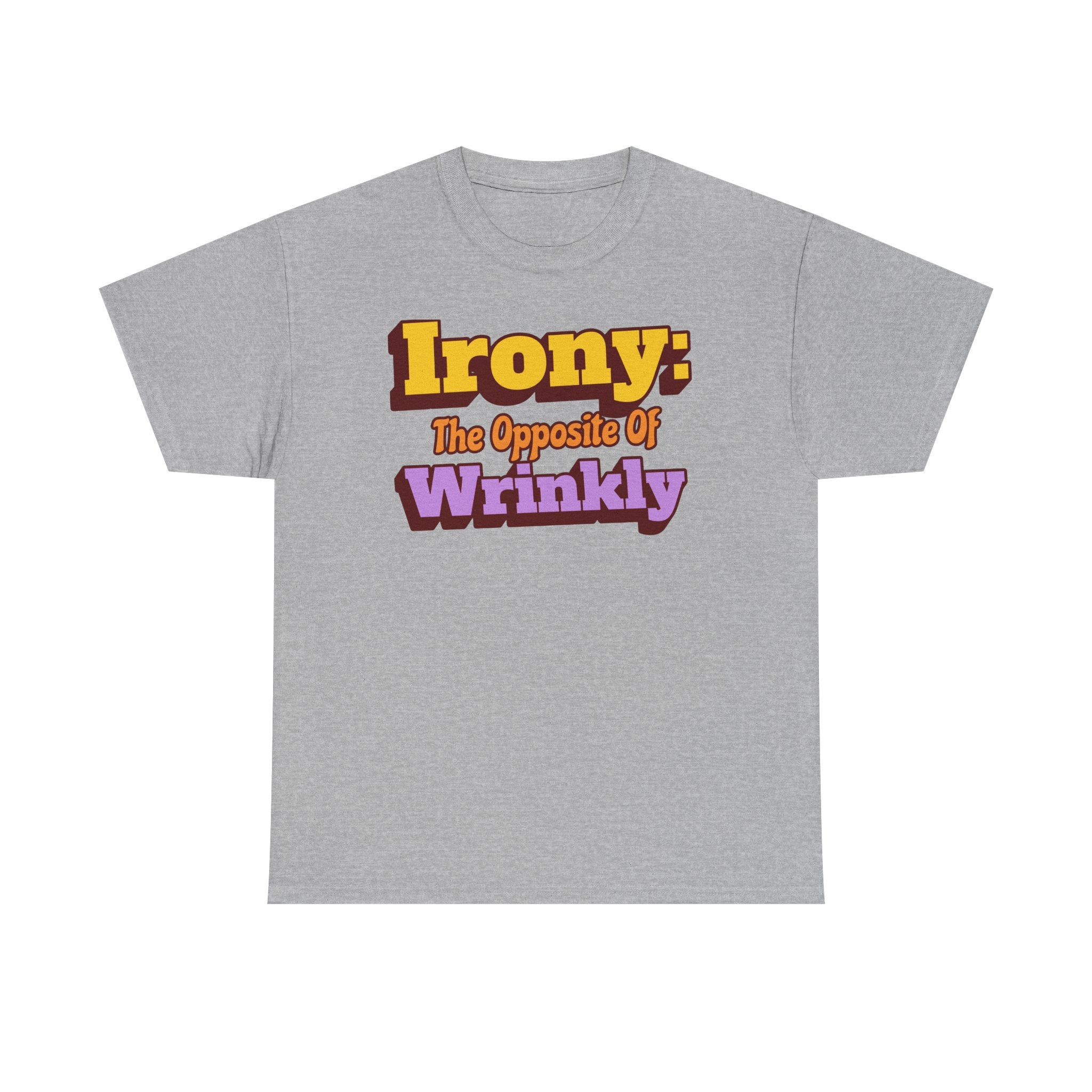 Personalize Irony the opposite of wrinkly T-Shirt, Optional Custom Name on sleeve, Bad Pun Funny Gift Tee