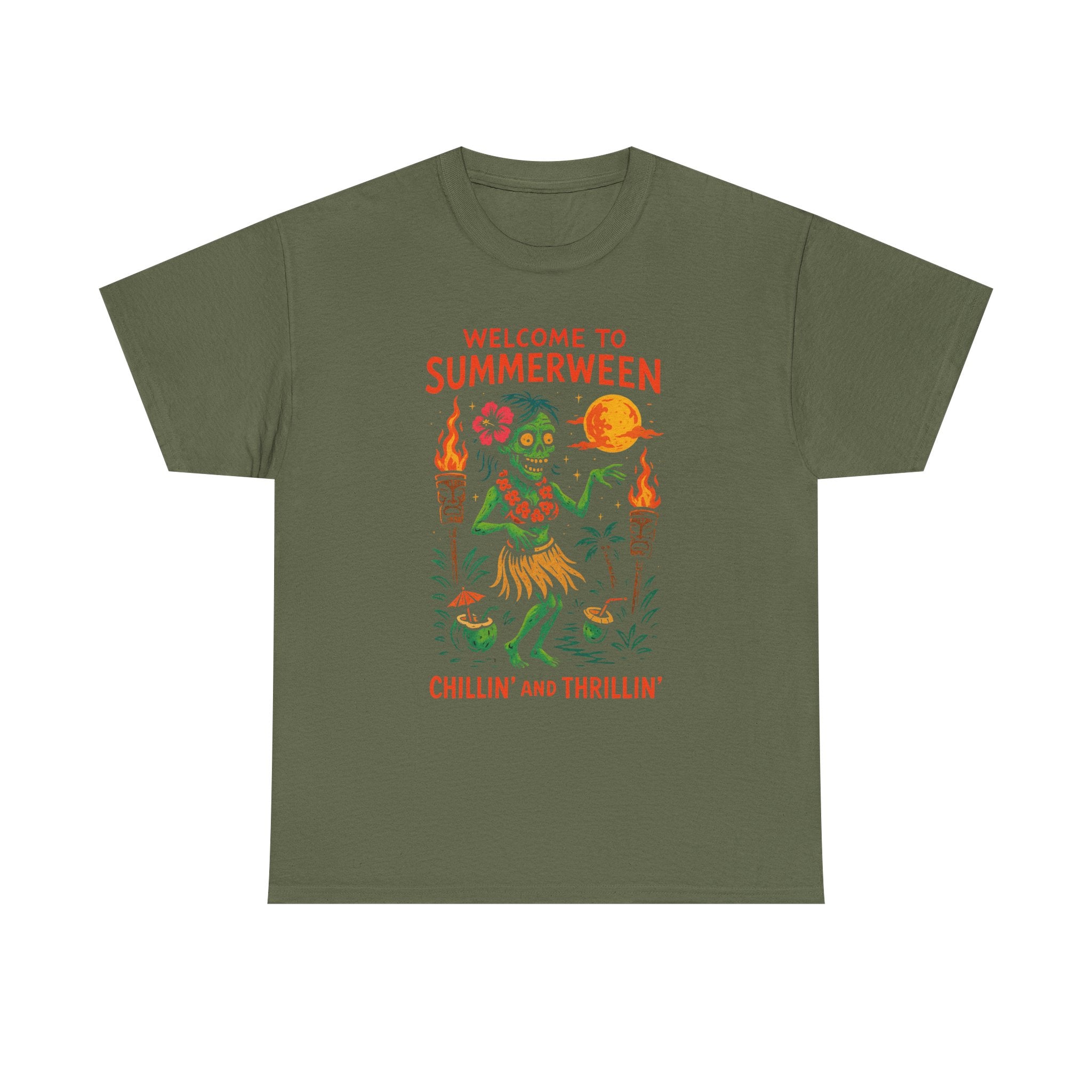 Summerween Chillin’ and Thrillin’ T-Shirt – Funny Zombie Luau Shirt with Custom Option | Fun Halloween Shirt, Party Apparel, Summer Vibes, Unique Gift