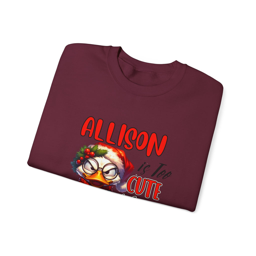 Custom Name Grouchy Duck Christmas Sweatshirt name is Too Cute for an Ugly Sweater Funny Holiday Gift Cute Duck Xmas Gift