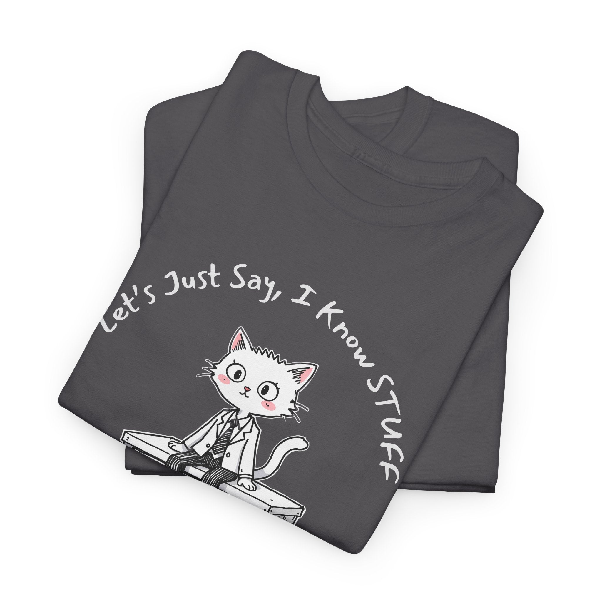 Work Place Humor- Let's Just Say, I Know Stuff – Funny Office Cat Burnout Shirt