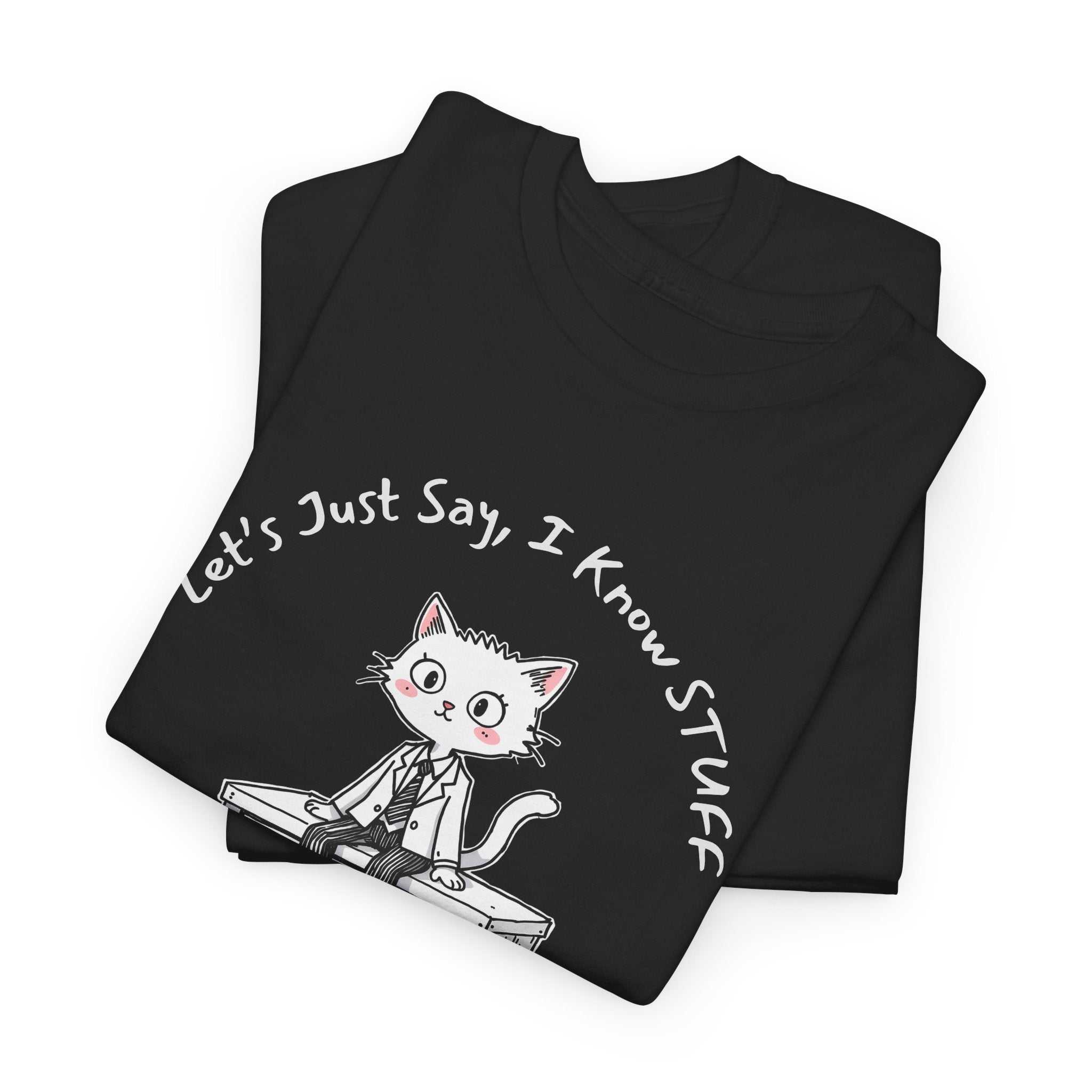 Work Place Humor- Let's Just Say, I Know Stuff – Funny Office Cat Burnout Shirt