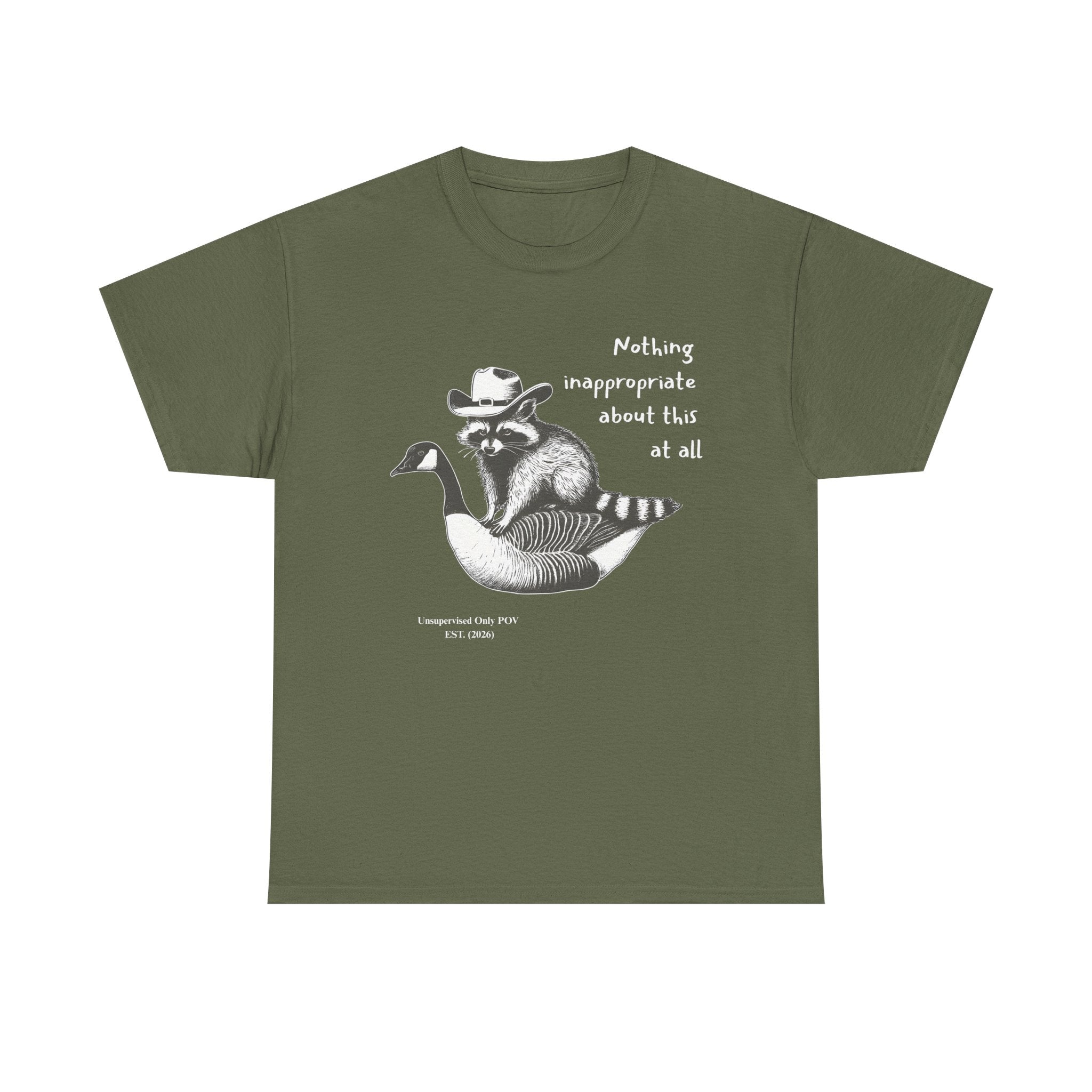 Cowboy Raccoon Goose Ride Tee | Funny Unsupervised POV Graphic Shirt