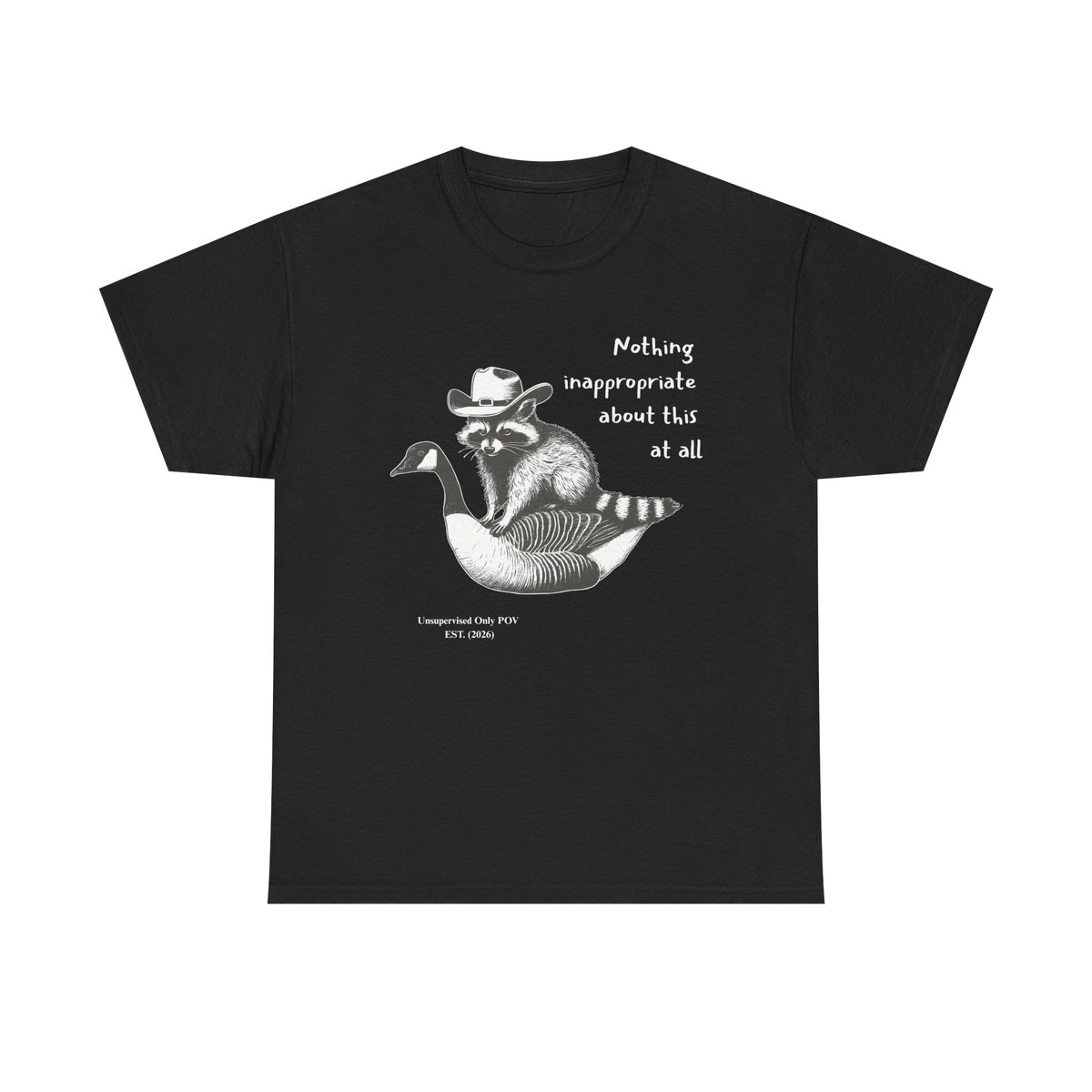Cowboy Raccoon Goose Ride Tee | Funny Unsupervised POV Graphic Shirt