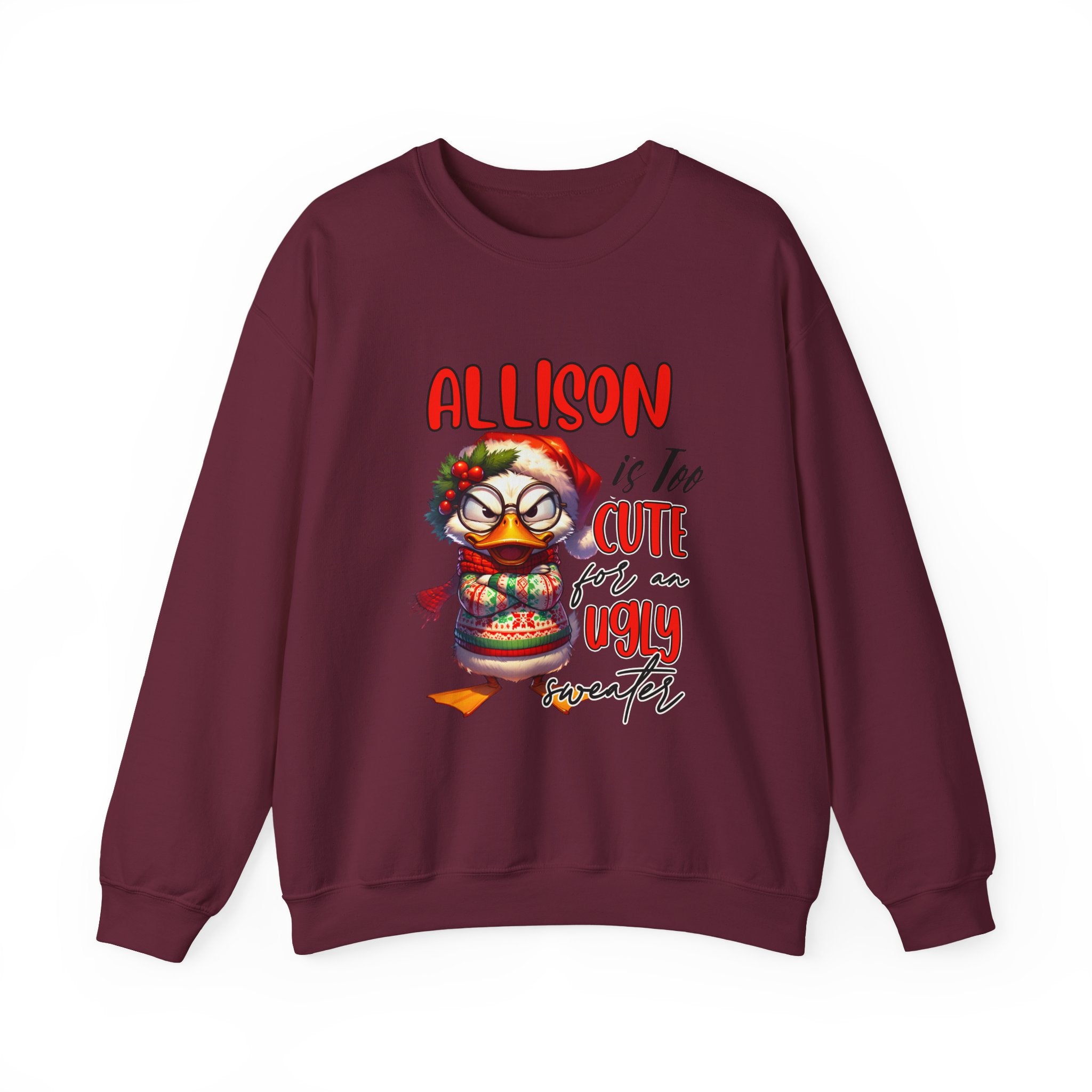 Custom Name Grouchy Duck Christmas Sweatshirt name is Too Cute for an Ugly Sweater Funny Holiday Gift Cute Duck Xmas Gift