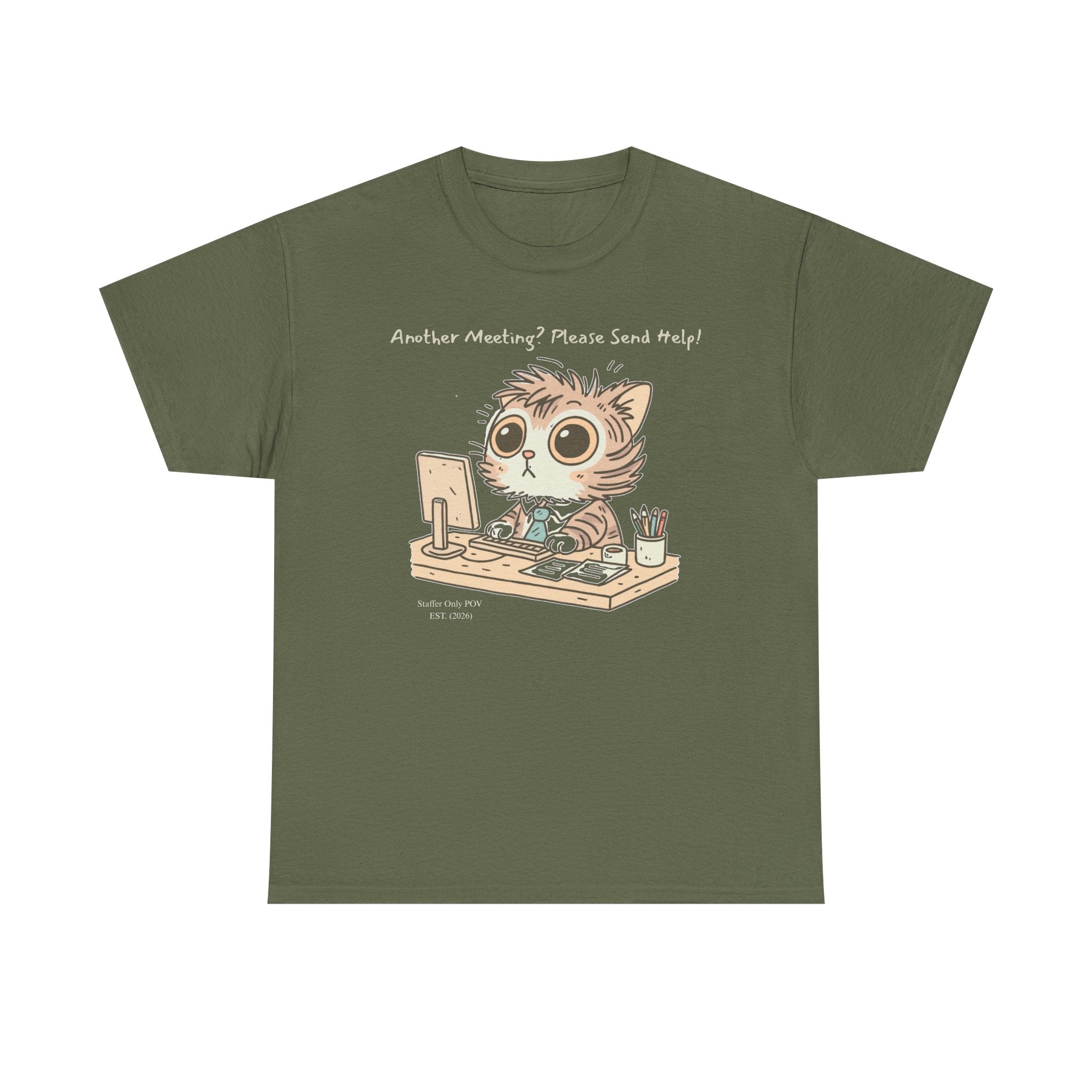Funny Zoom Cat Shirt – “Another Meeting? Please Send Help!” Office Staffer POV Work from Home Tee
