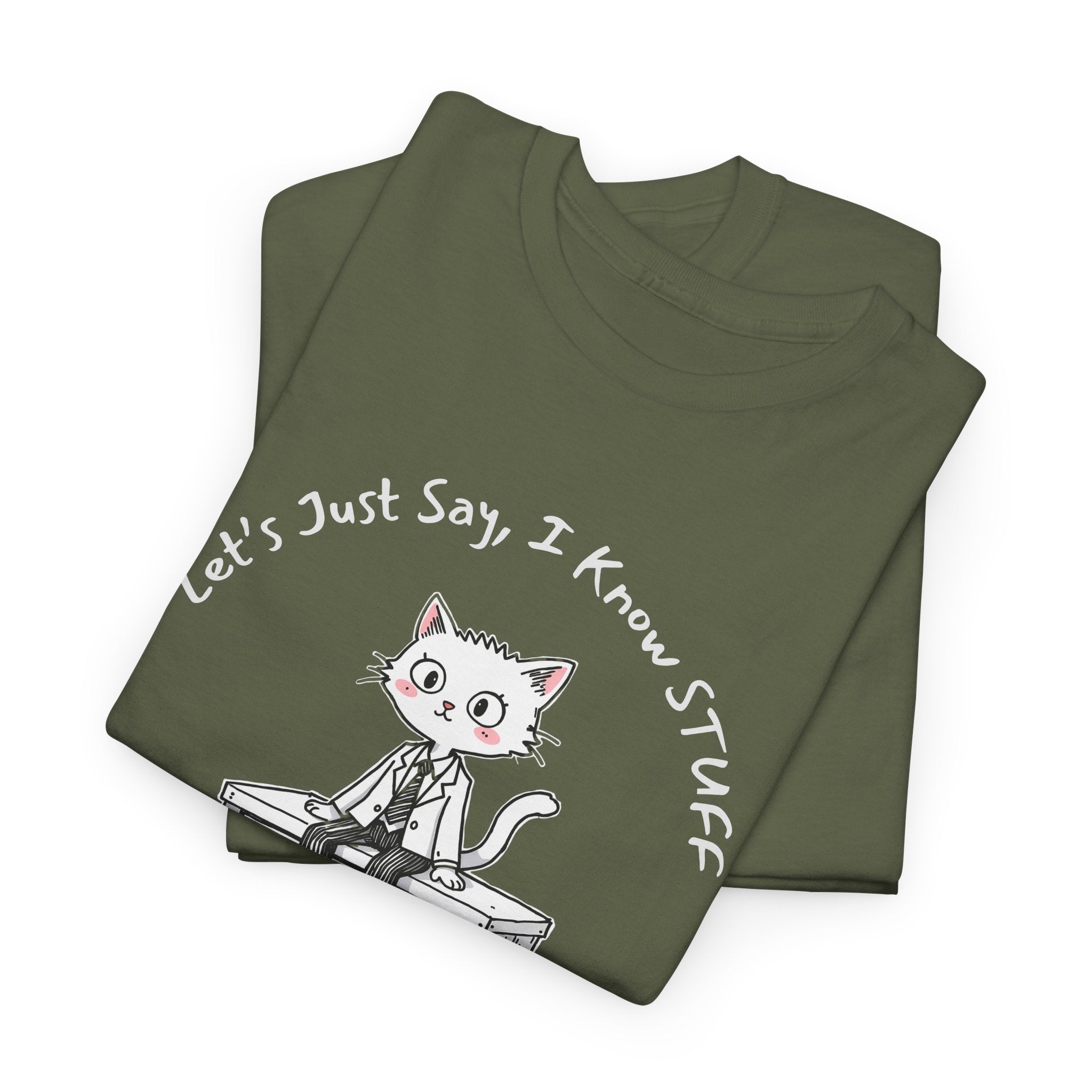 Work Place Humor- Let's Just Say, I Know Stuff – Funny Office Cat Burnout Shirt