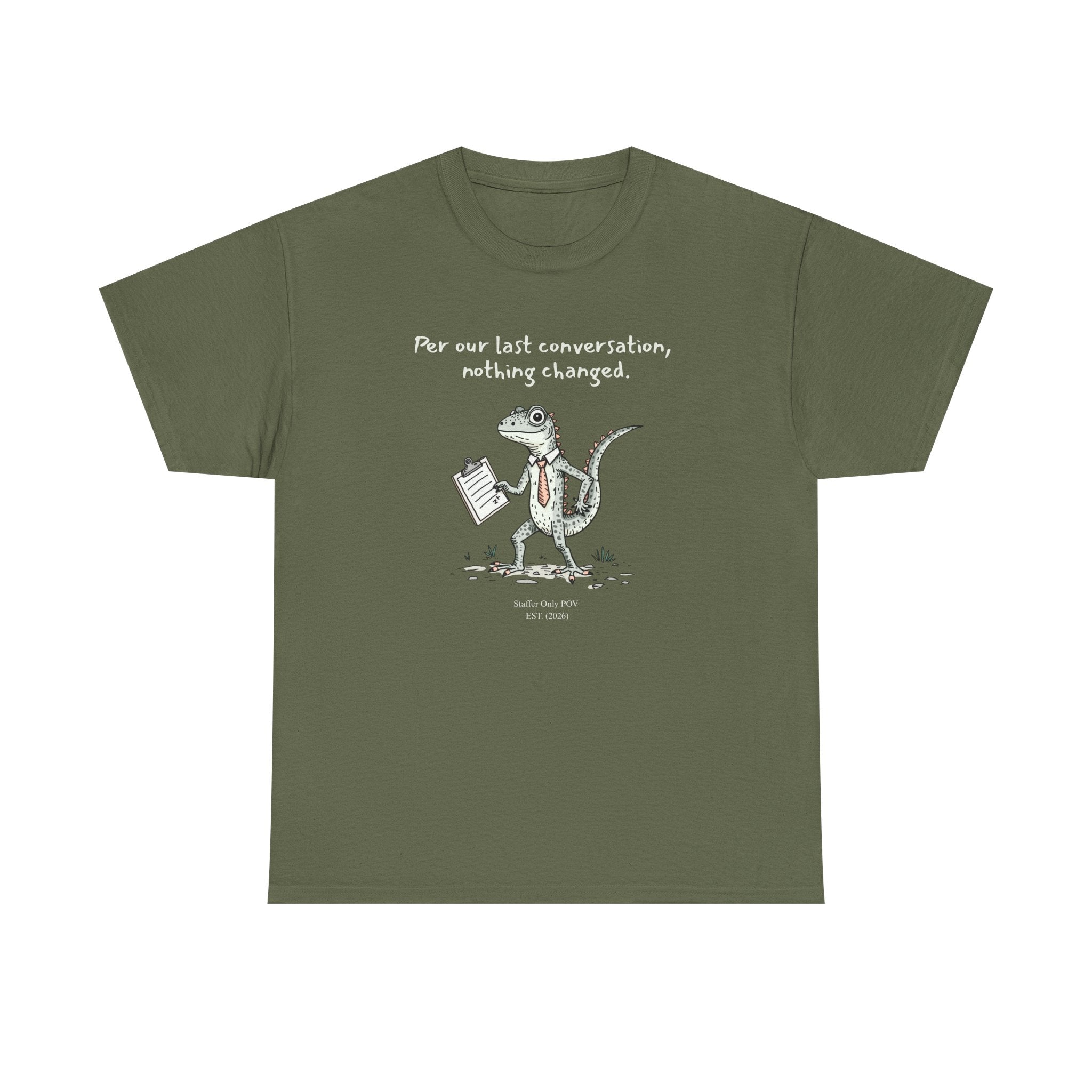 Funny Office Staffer POV Lizard Shirt – “Per Our Last Conversation, Nothing Changed” Work Sarcasm Tee